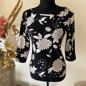 Vintage Talbots Petite Black & White 100% Cotton Floral Top